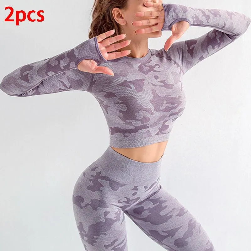 3PCS Seamless Women Yoga Set Workout Sportswear Gym Clothing Fitness Long Sleeve Crop Top High Waist Leggings Sports Suits
