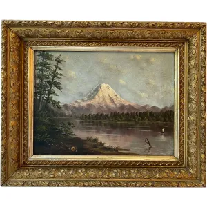American School Oil on Canvas Painting, Mount Tacoma from Lake Washington
