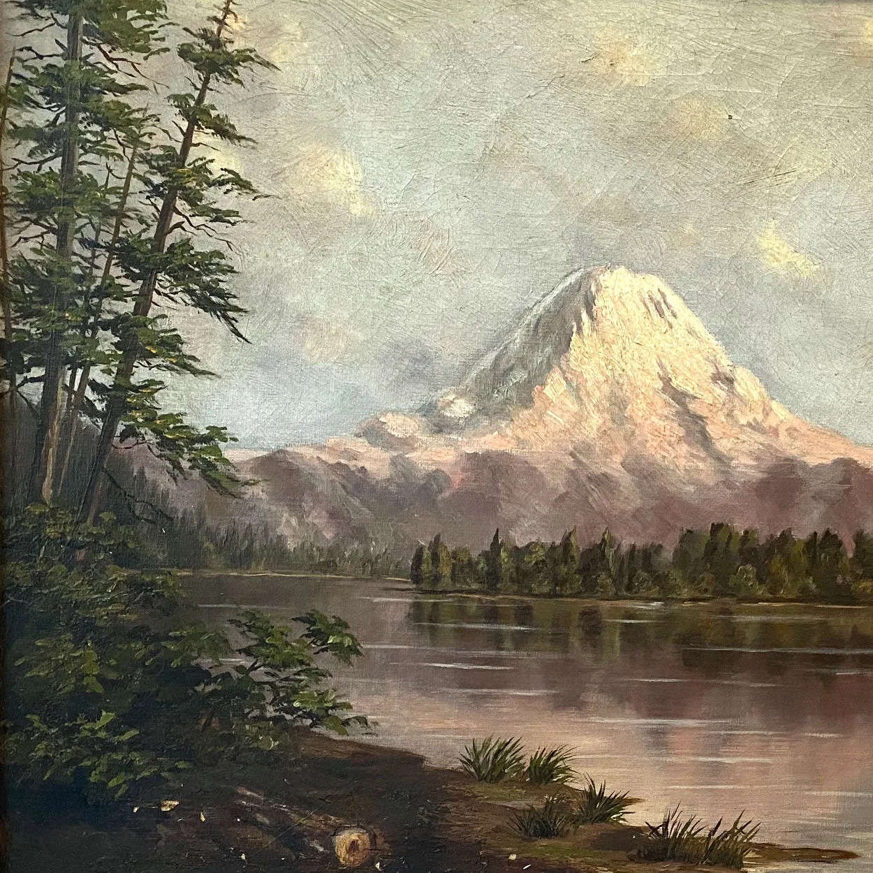 American School Oil on Canvas Painting, Mount Tacoma from Lake Washington