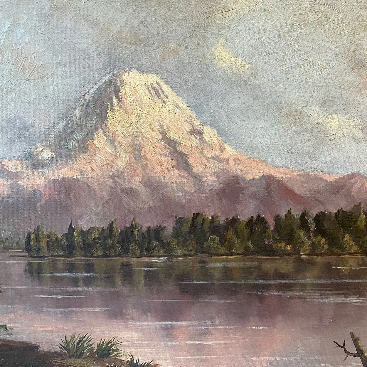 American School Oil on Canvas Painting, Mount Tacoma from Lake Washington