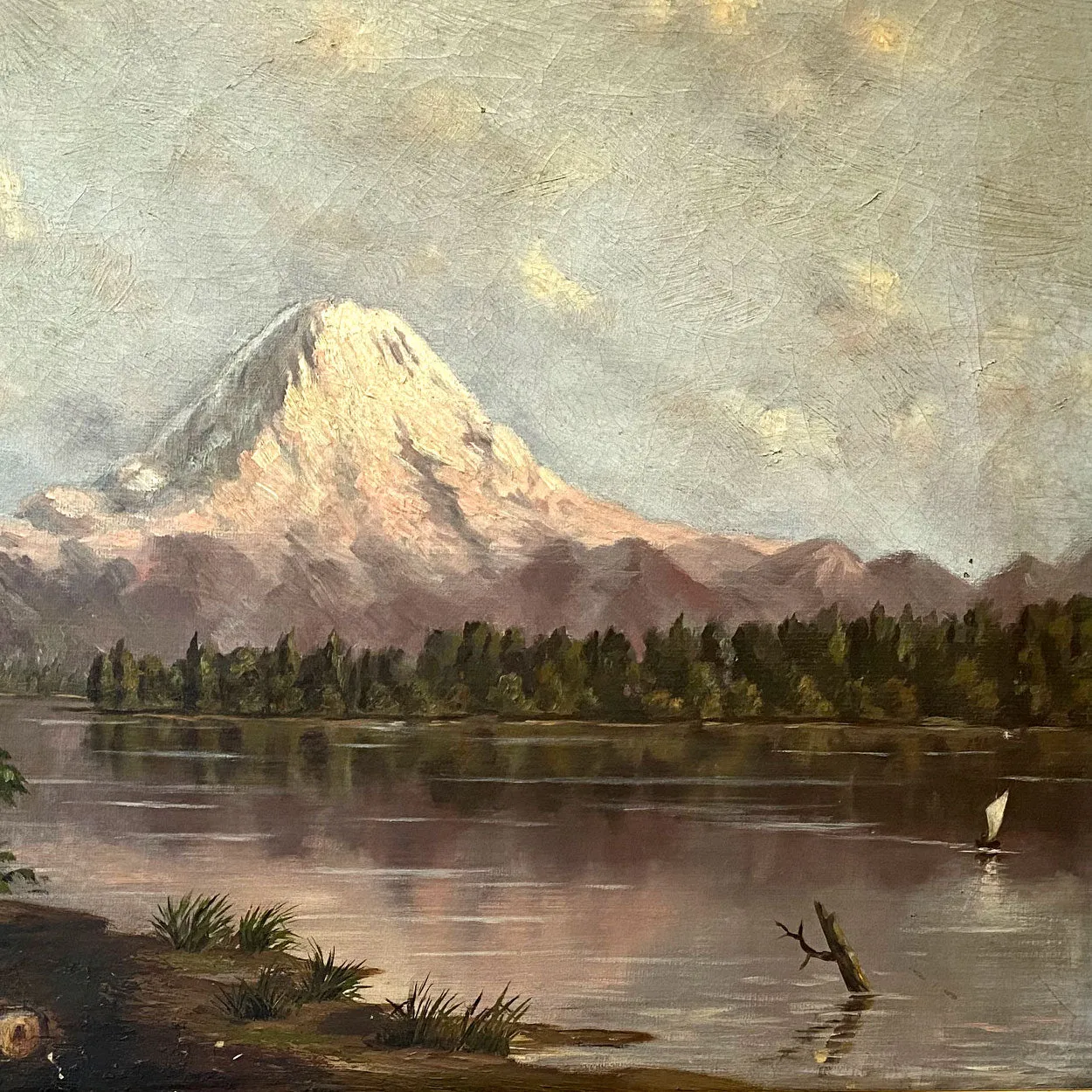 American School Oil on Canvas Painting, Mount Tacoma from Lake Washington