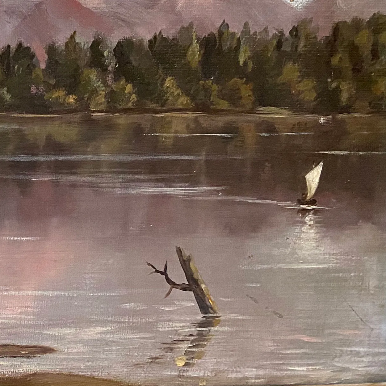 American School Oil on Canvas Painting, Mount Tacoma from Lake Washington