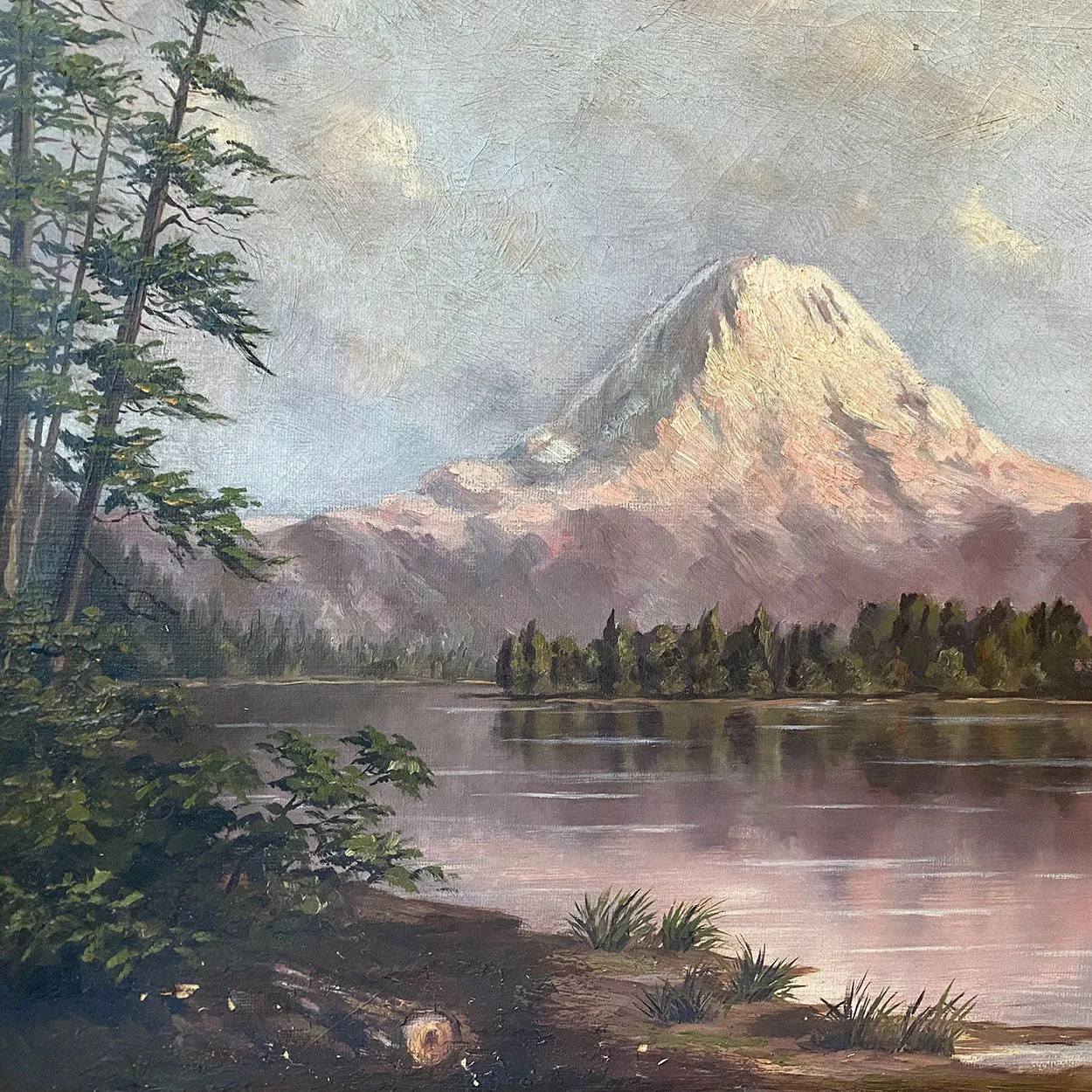 American School Oil on Canvas Painting, Mount Tacoma from Lake Washington