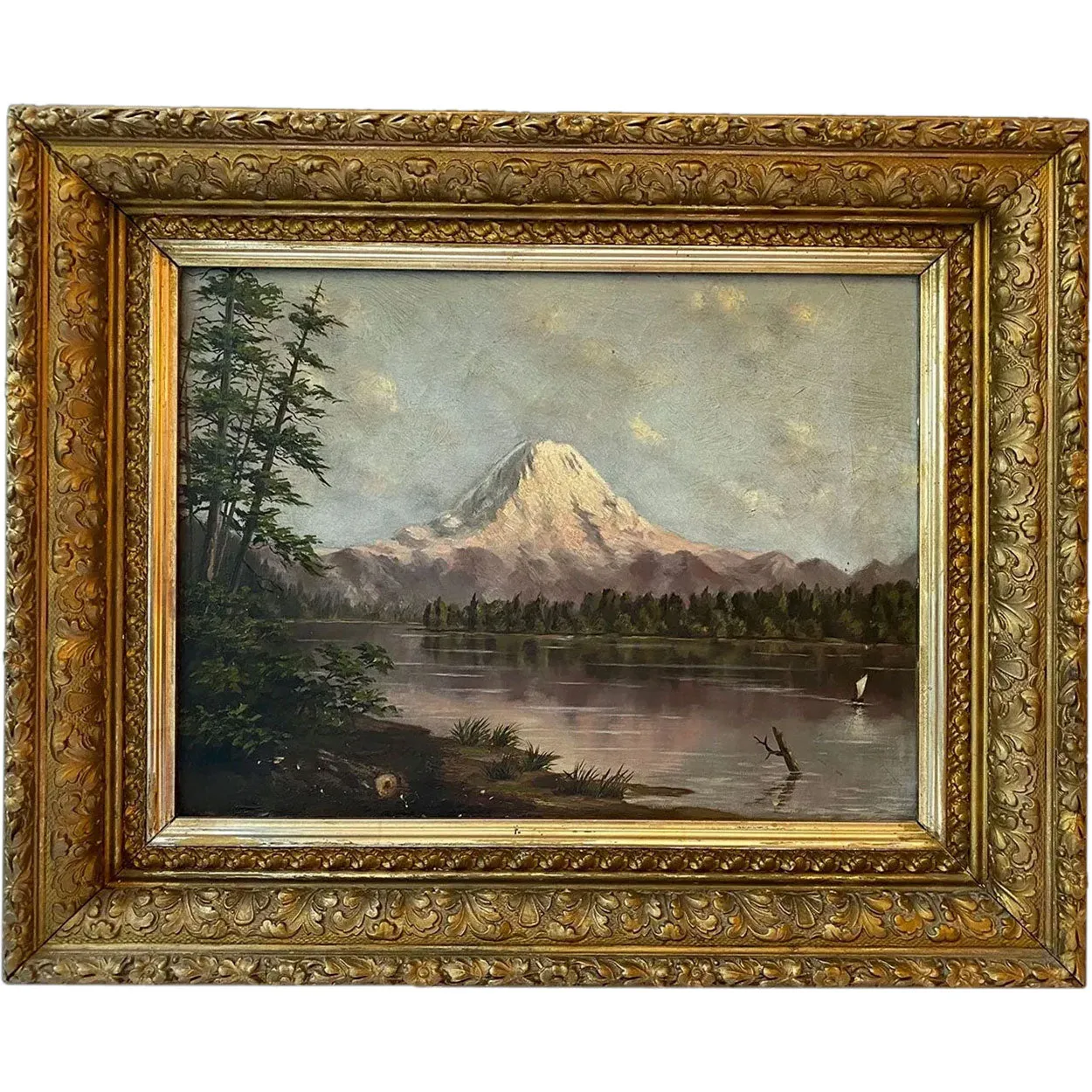 American School Oil on Canvas Painting, Mount Tacoma from Lake Washington