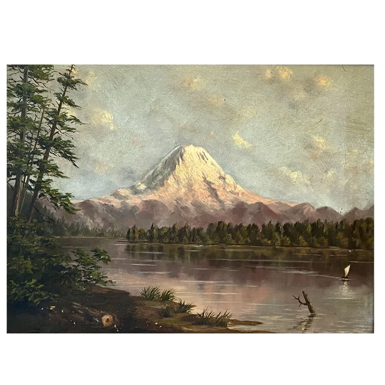 American School Oil on Canvas Painting, Mount Tacoma from Lake Washington