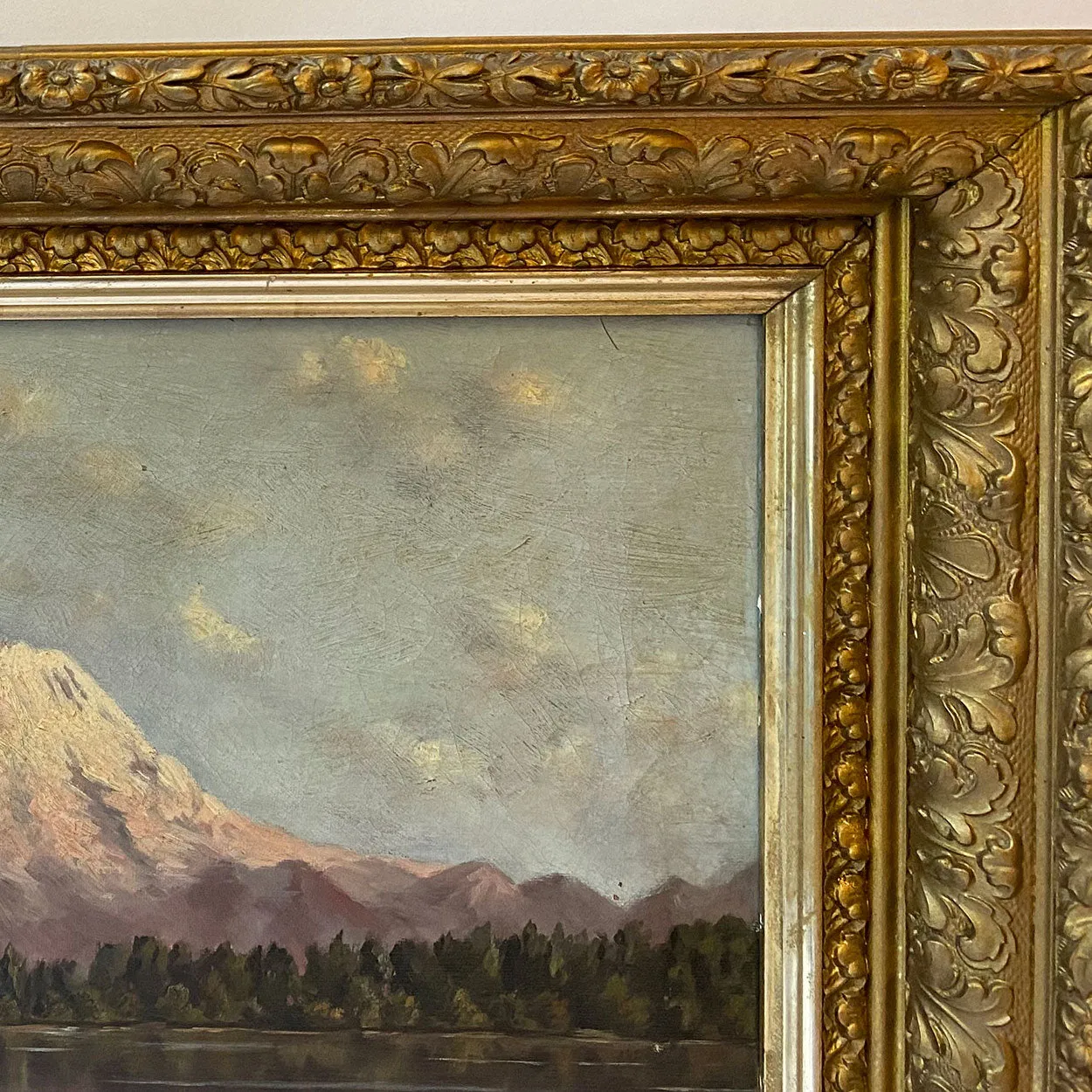 American School Oil on Canvas Painting, Mount Tacoma from Lake Washington