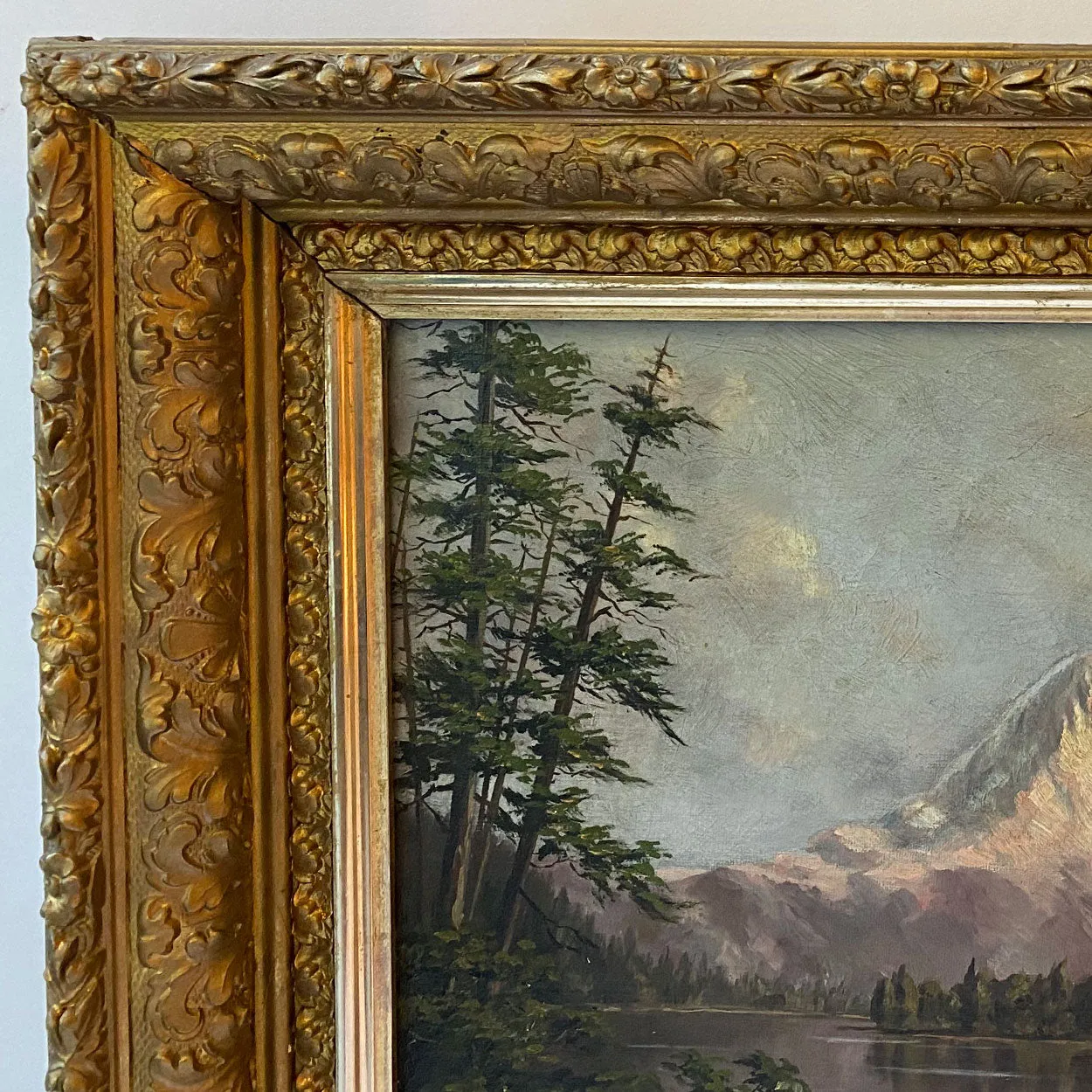 American School Oil on Canvas Painting, Mount Tacoma from Lake Washington