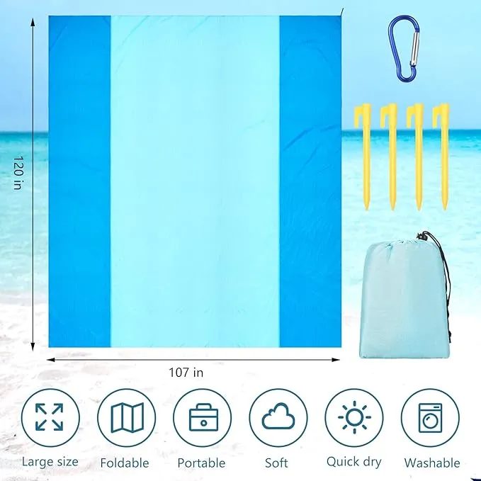 Batiyeer 4 Pcs Beach Blanket Sandproof Extra Large Beach Mat Anti Sand Waterproof Picnic Blanket Lightweight with 16 Stakes for Travel Camping Hiking Picnic (Lake Blue Dark Blue, 120 x 107 Inch)