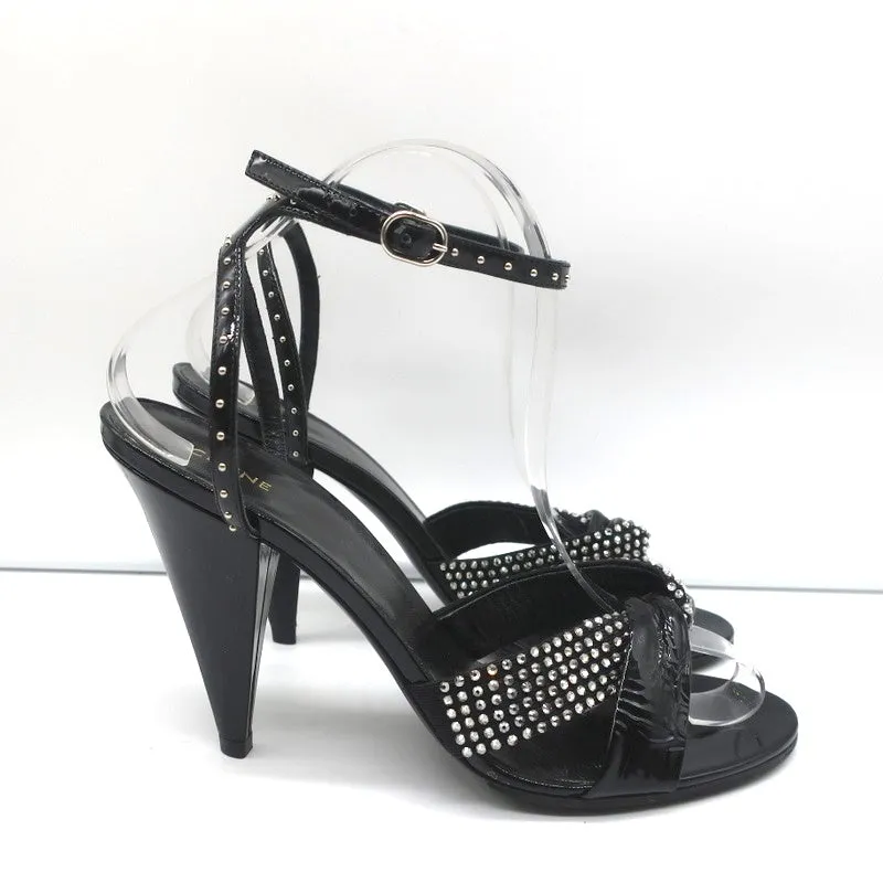 Celine Crystal-Embellished Twist Sandals Black Patent Leather Size 38.5