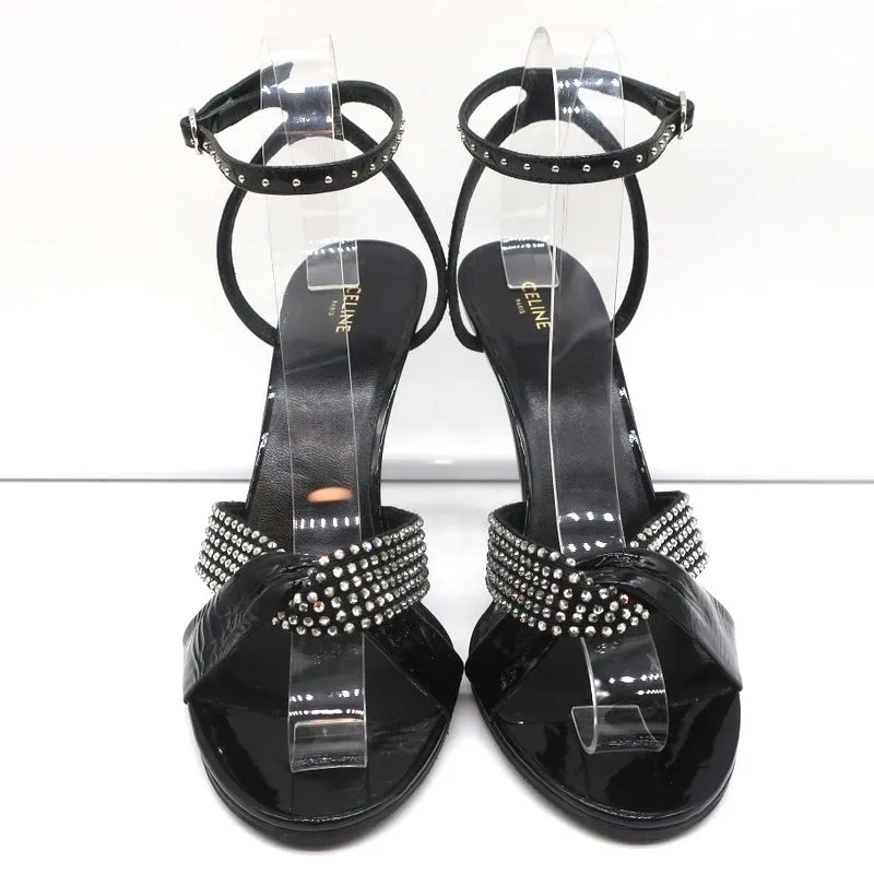 Celine Crystal-Embellished Twist Sandals Black Patent Leather Size 38.5