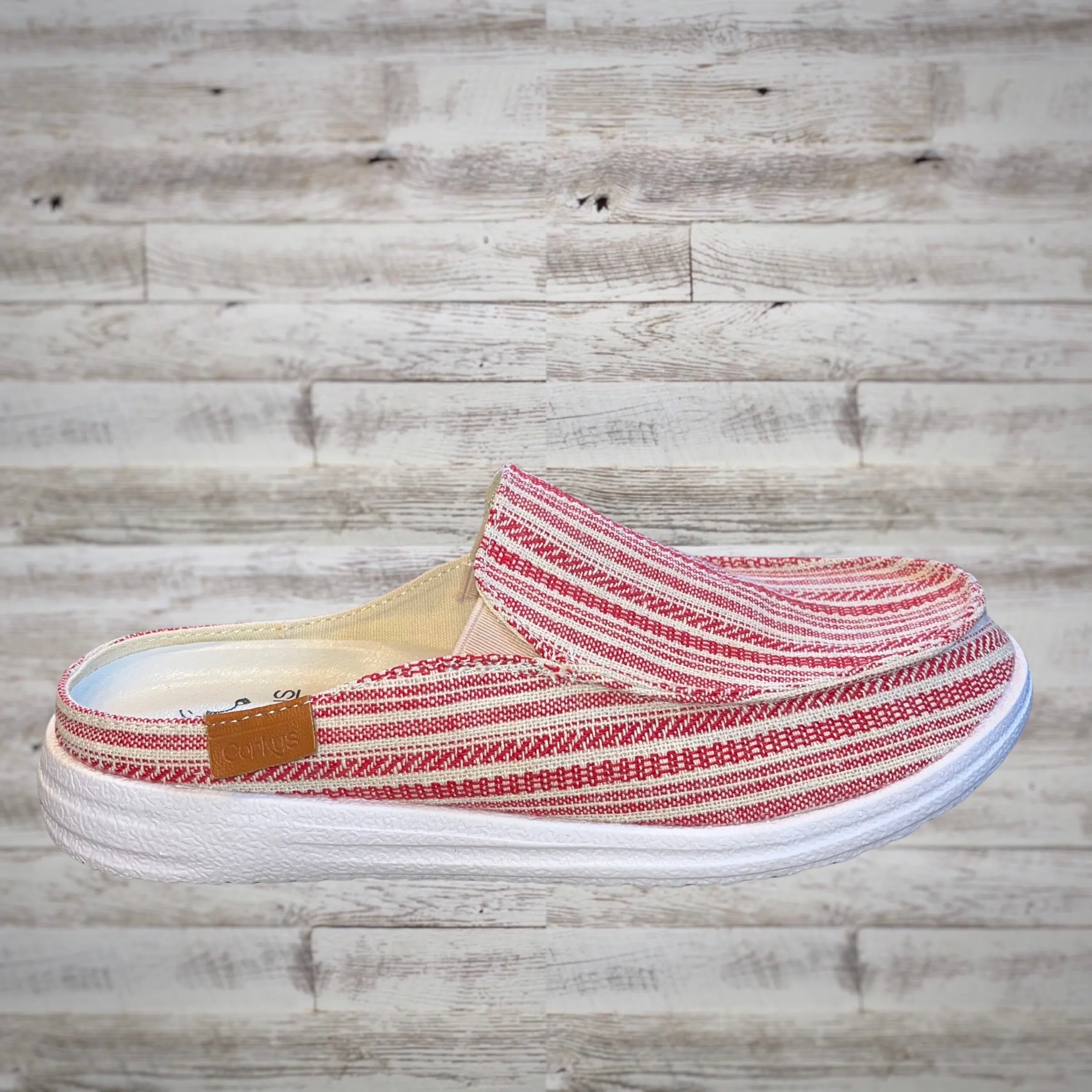 Corky’s Pontoon Red Stripe Canvas Slip On Mule Boat Shoes