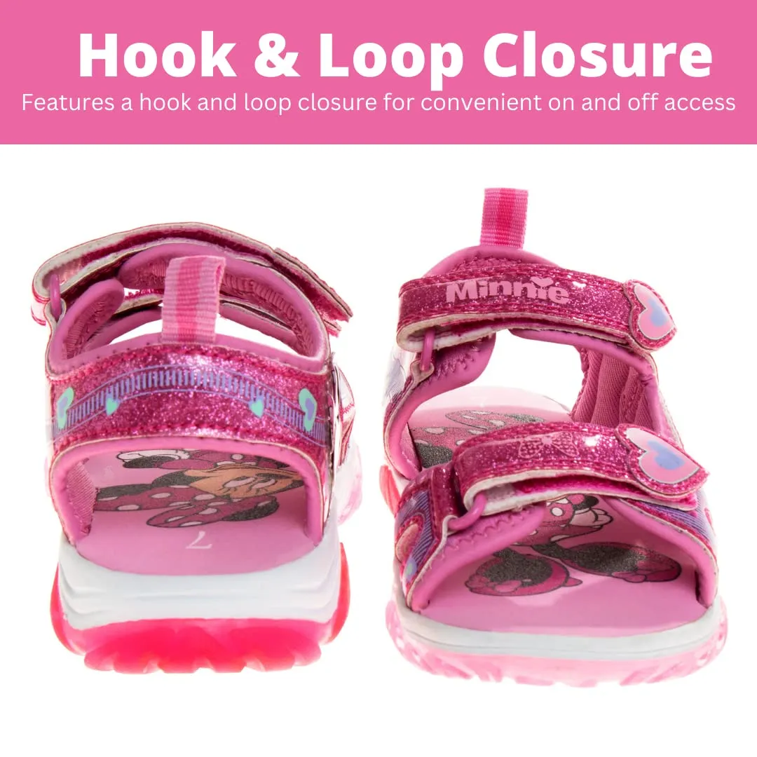 Disney Girls Minnie Mouse Sandals LED Light Up Water Shoes - Open Toe SlipOn Waterproof Adjustable Strap Character Slides - Pink Glitter (Toddler - Little Kid)