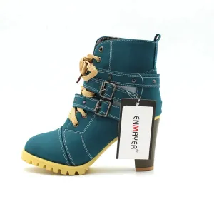 ENMAYER Lace Up Waterproof High Heel Platform Ankle Boots
