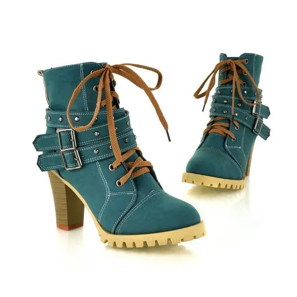 ENMAYER Lace Up Waterproof High Heel Platform Ankle Boots
