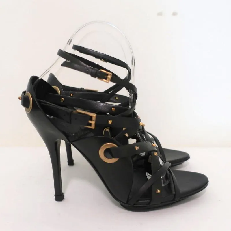 Gucci Sandals Black Studded Leather Size 7.5 Crisscross Slingback Heels