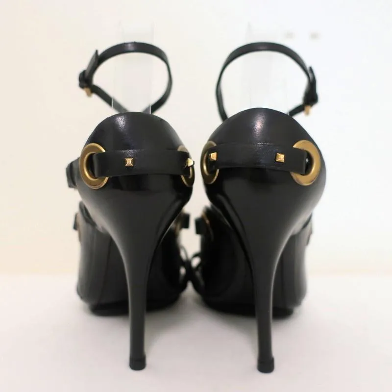 Gucci Sandals Black Studded Leather Size 7.5 Crisscross Slingback Heels