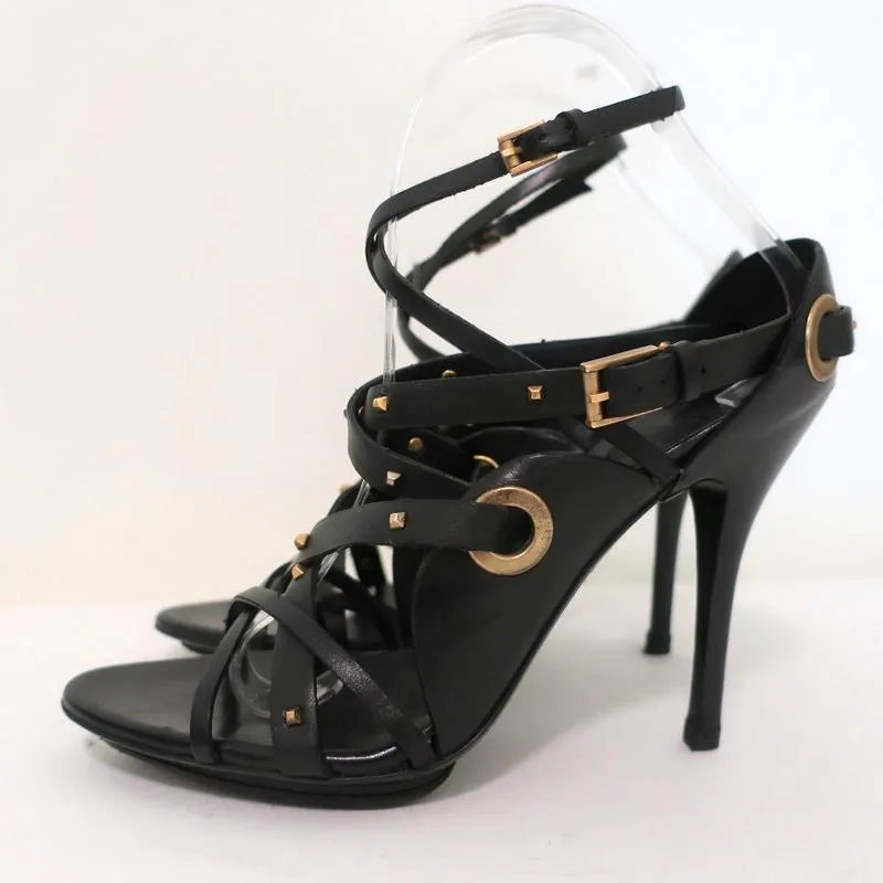 Gucci Sandals Black Studded Leather Size 7.5 Crisscross Slingback Heels