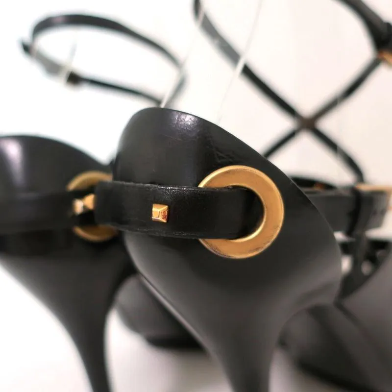 Gucci Sandals Black Studded Leather Size 7.5 Crisscross Slingback Heels