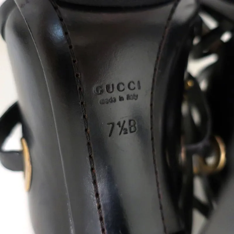Gucci Sandals Black Studded Leather Size 7.5 Crisscross Slingback Heels