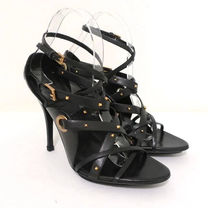 Gucci Sandals Black Studded Leather Size 7.5 Crisscross Slingback Heels