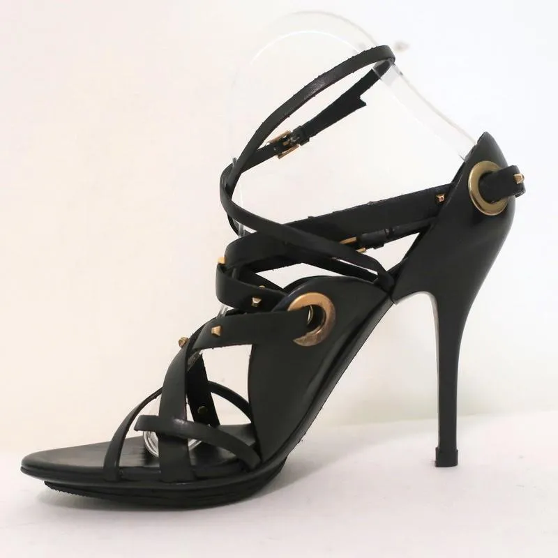 Gucci Sandals Black Studded Leather Size 7.5 Crisscross Slingback Heels