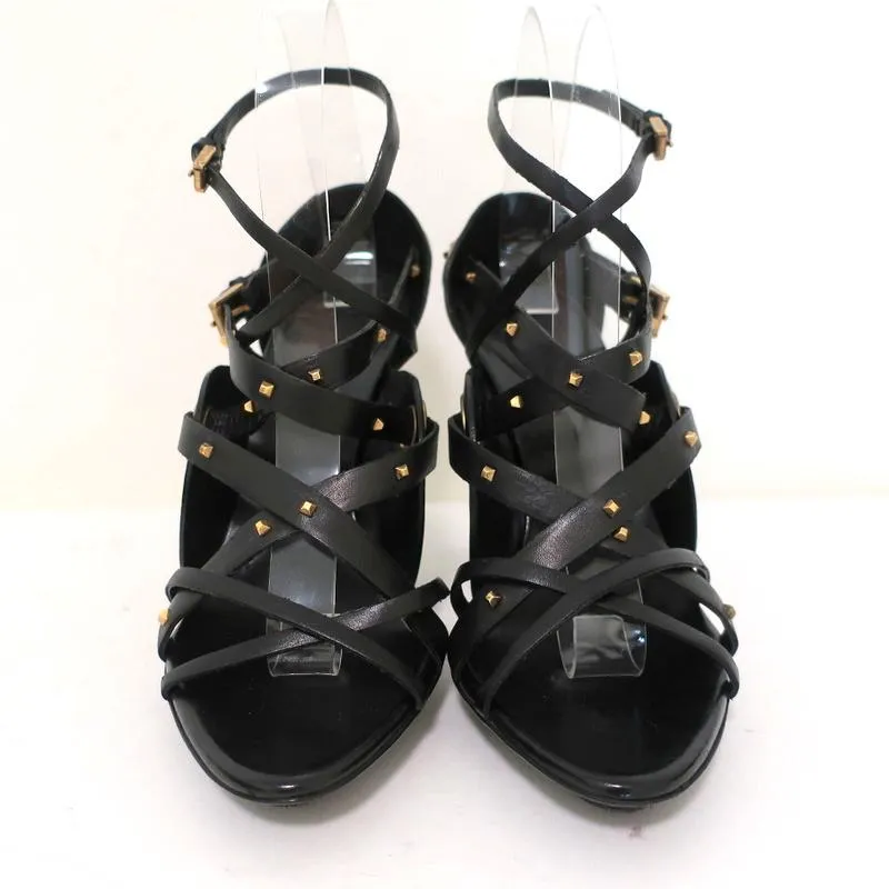 Gucci Sandals Black Studded Leather Size 7.5 Crisscross Slingback Heels