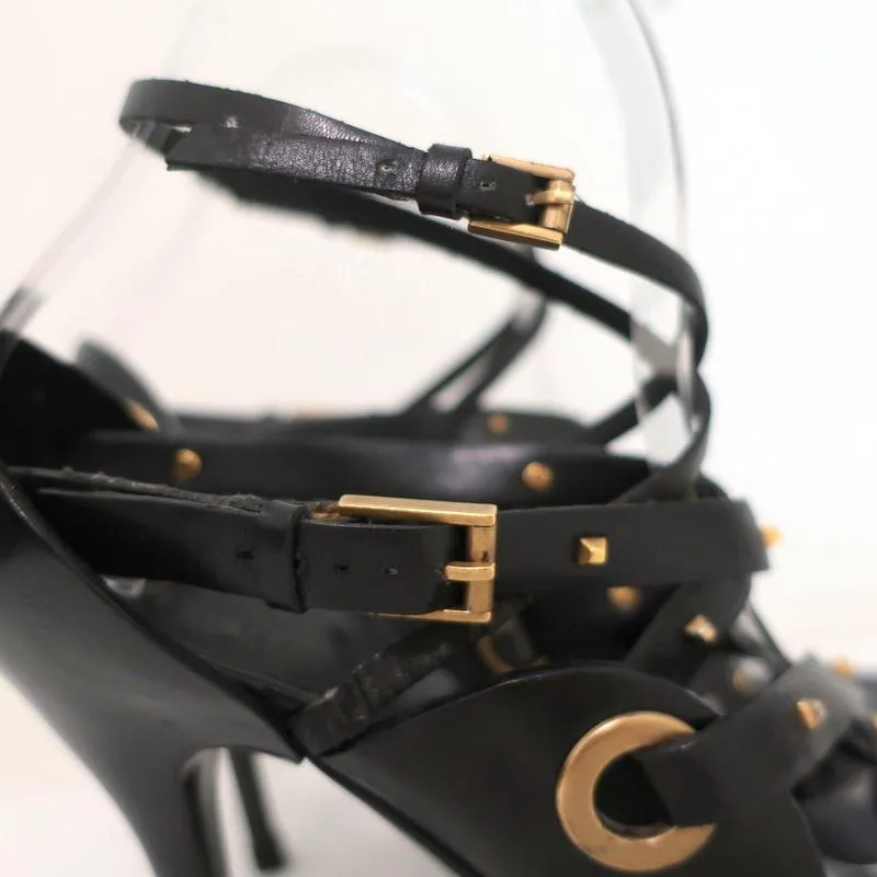 Gucci Sandals Black Studded Leather Size 7.5 Crisscross Slingback Heels