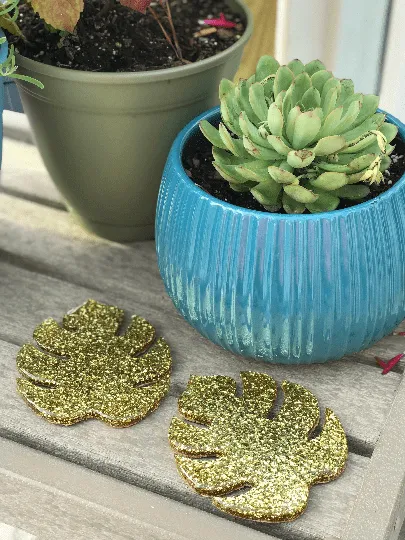 Monstera Leaf Coaster set of 2 - Gold Glitter Bomb Leaf Coasters. Gold Glitter Monstera Leaf.