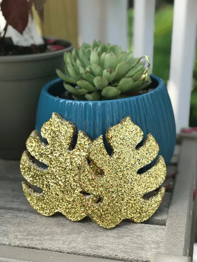Monstera Leaf Coaster set of 2 - Gold Glitter Bomb Leaf Coasters. Gold Glitter Monstera Leaf.