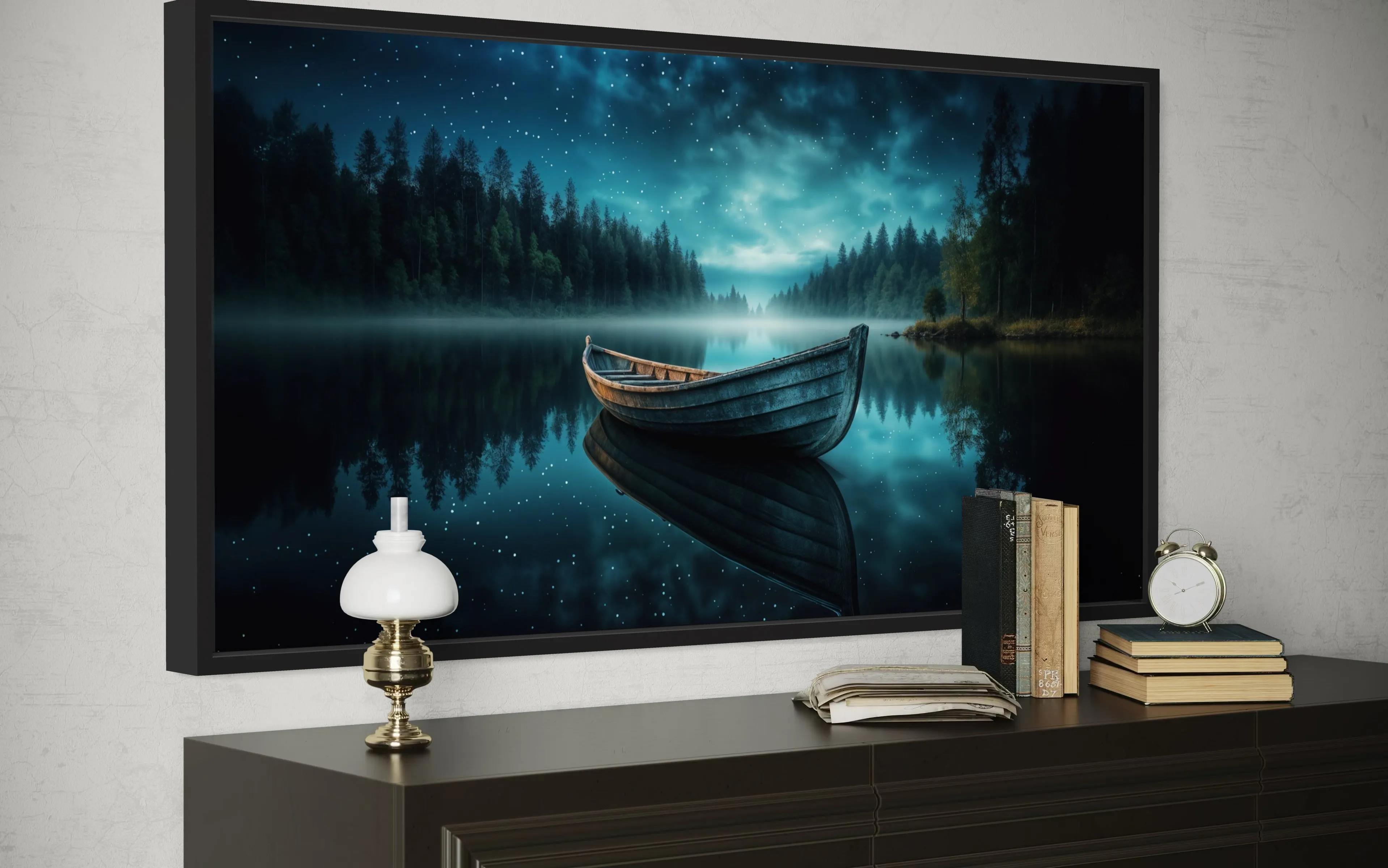 Moody Boat in The Lake Under Starry Sky At Night Framed Canvas Wall Art