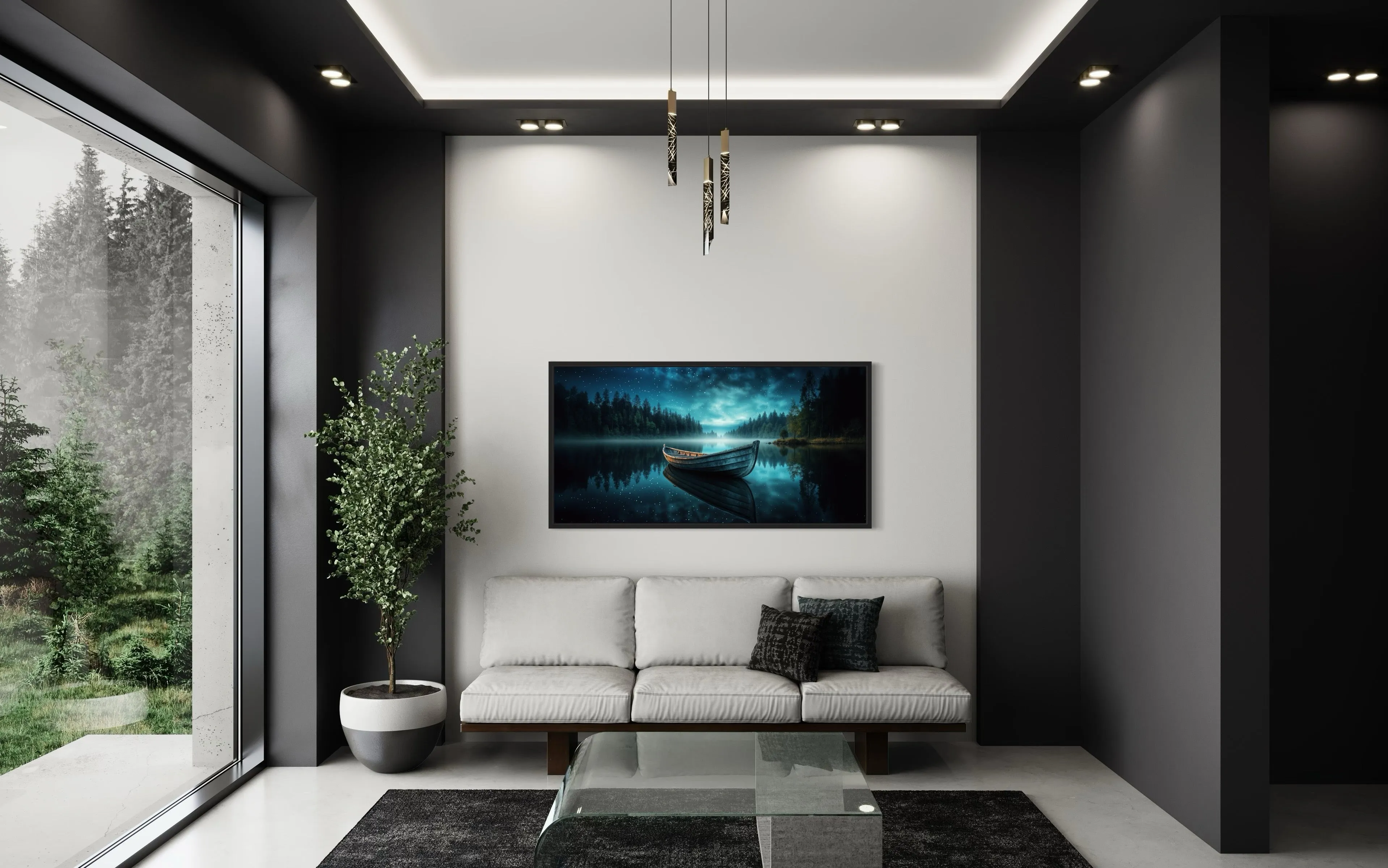 Moody Boat in The Lake Under Starry Sky At Night Framed Canvas Wall Art