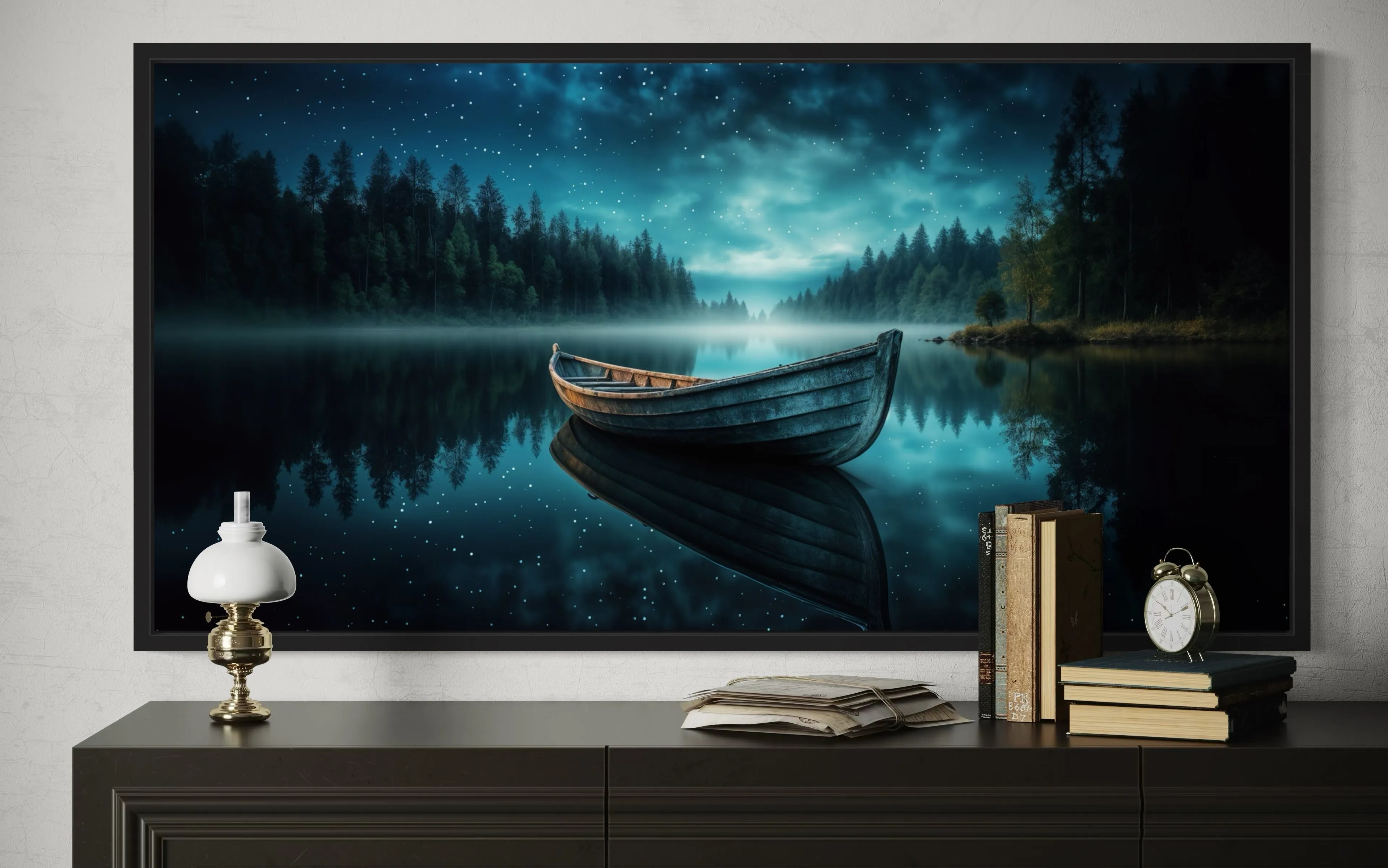 Moody Boat in The Lake Under Starry Sky At Night Framed Canvas Wall Art
