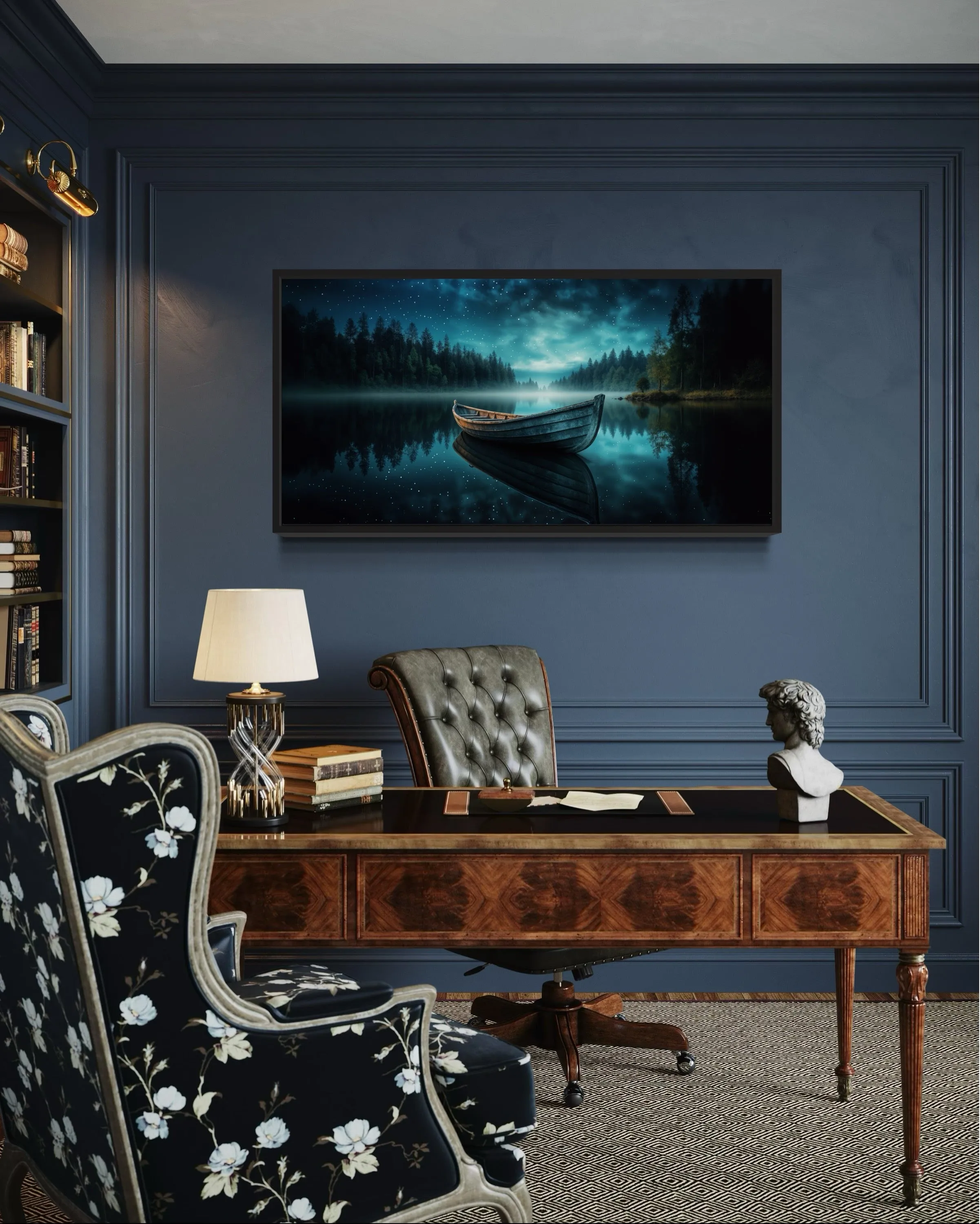 Moody Boat in The Lake Under Starry Sky At Night Framed Canvas Wall Art