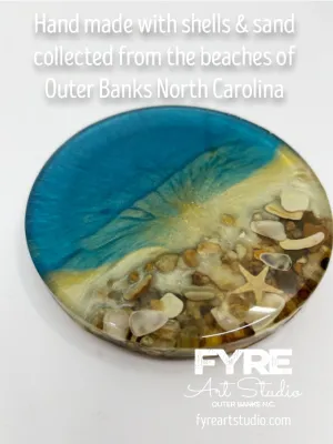 Ocean Beach Shore Break Resin Coaster with Outer Banks Sea Shell