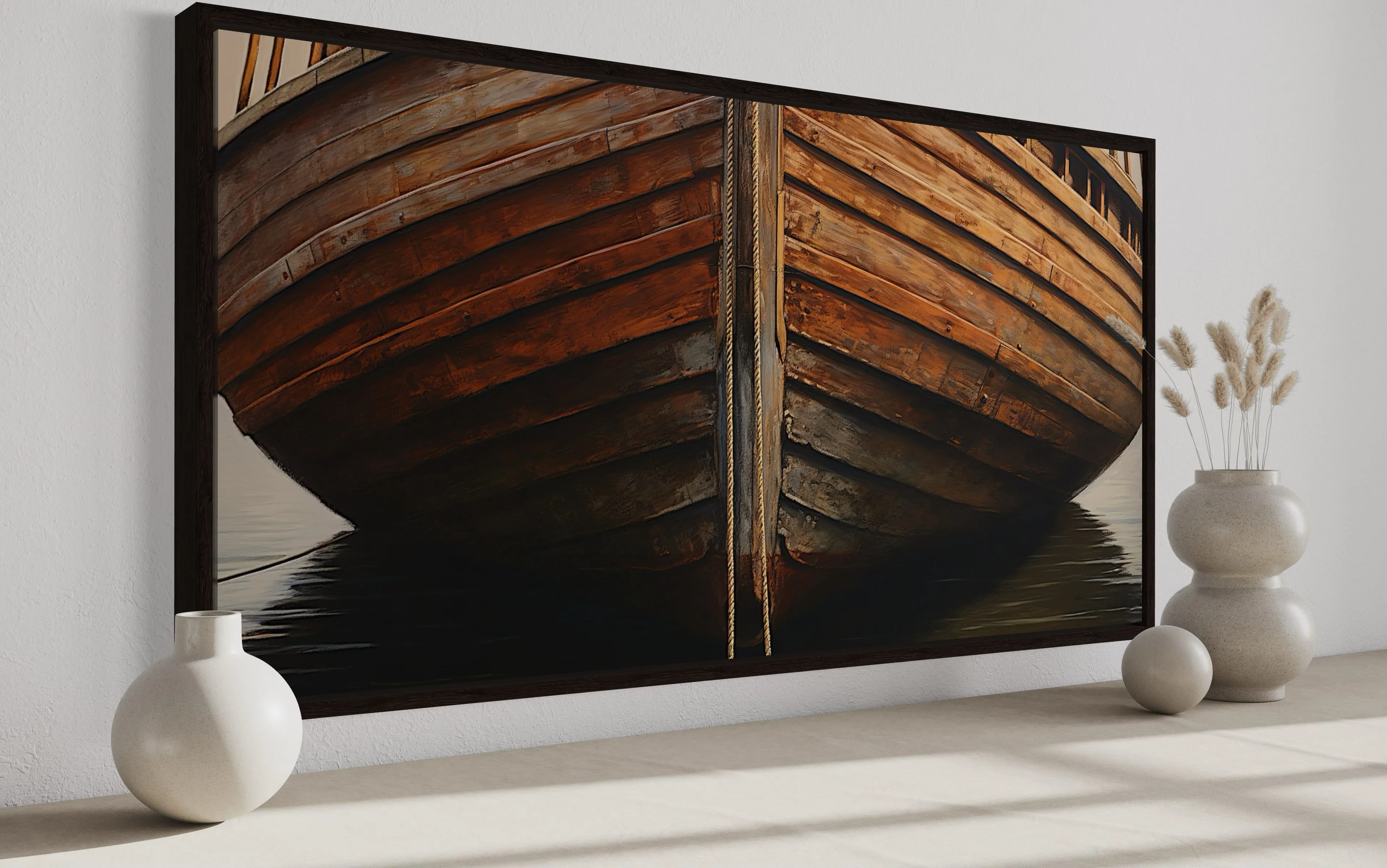 Old Brown Wooden Boat Framed Canvas Wall Art