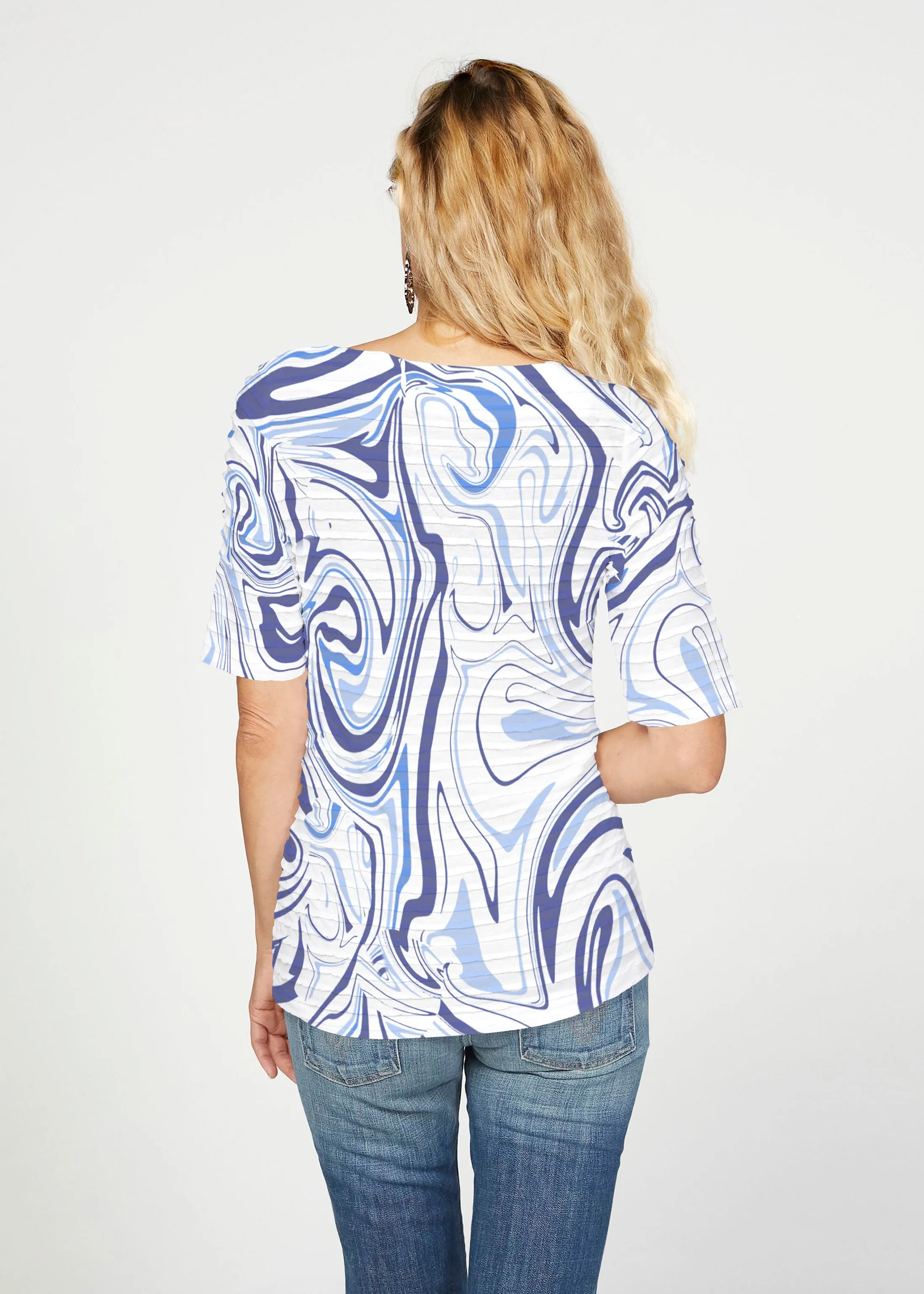 Swirly Blue (8076) ~ Banded Elbow Sleeve Boat Neck Top