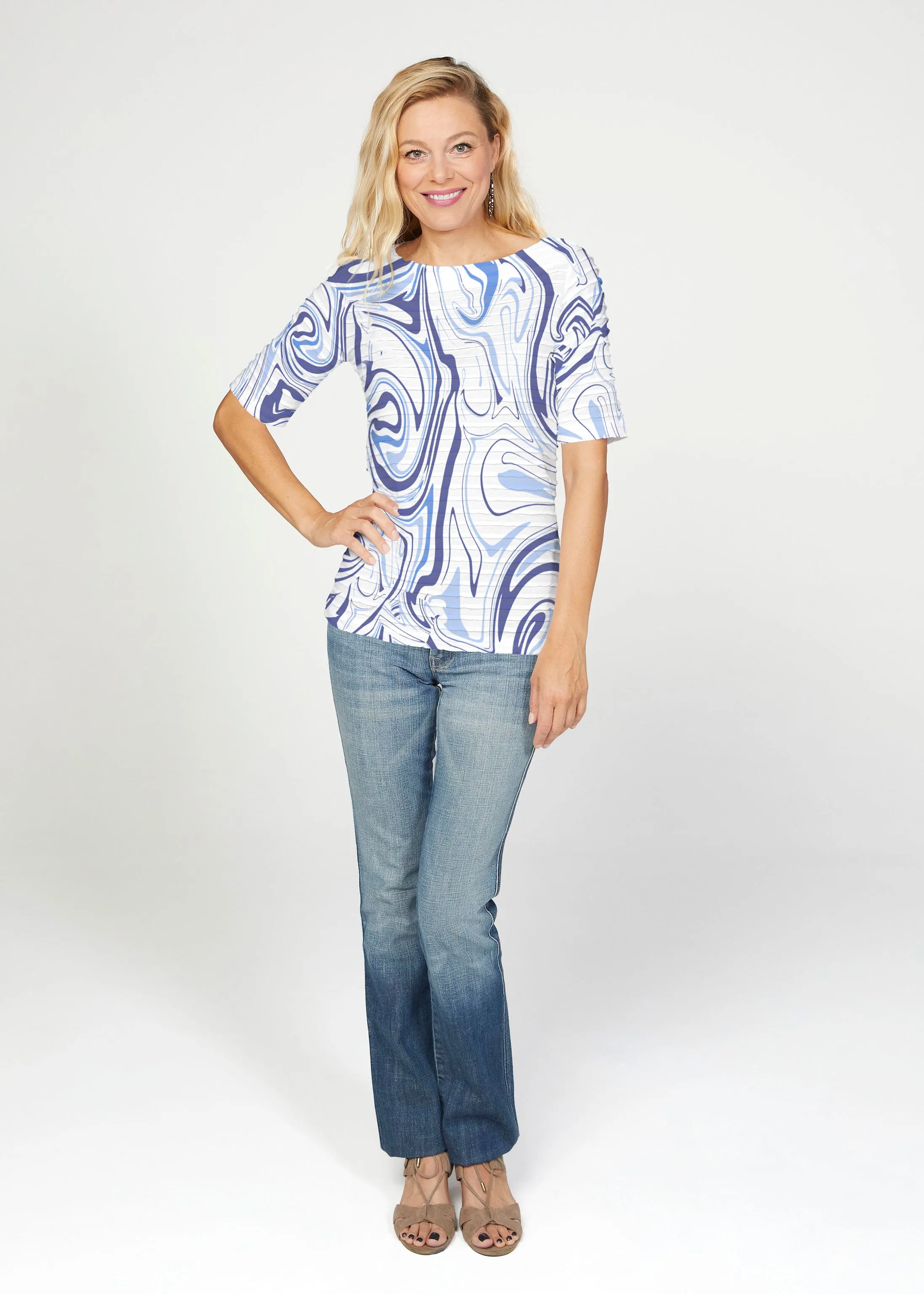 Swirly Blue (8076) ~ Banded Elbow Sleeve Boat Neck Top
