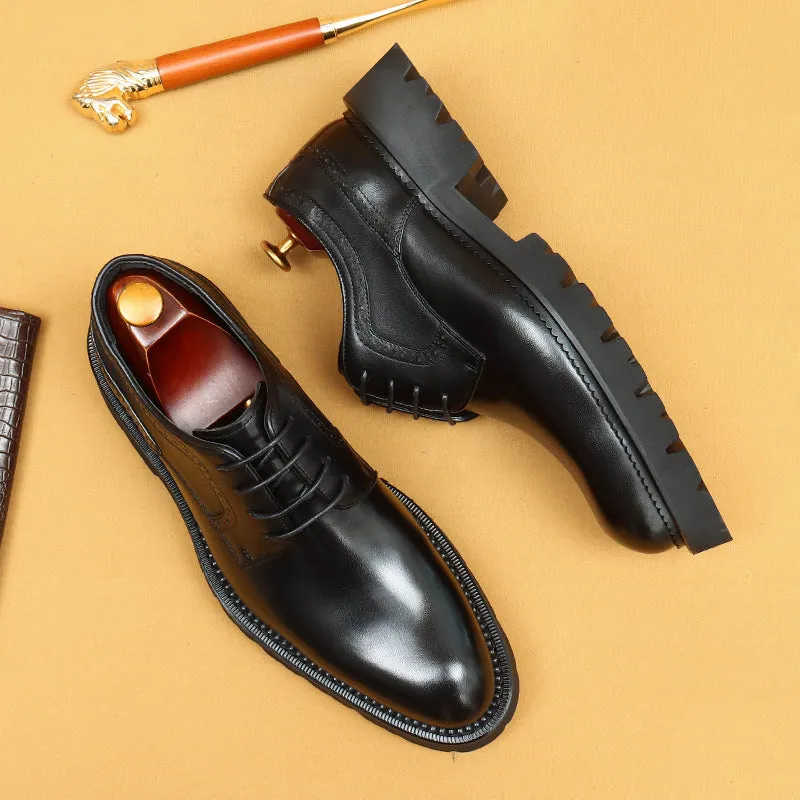Top Layer Cowhide Men's Leather Shoes Black Business Leather Shoes Men's Leather Pointed Toe Platform Men's Hight Increasing Shoes British Casual Derby Shoes96158