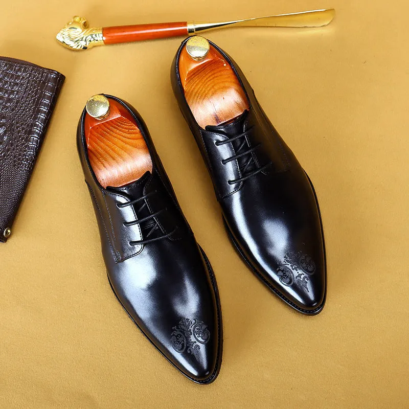 Top Layer Cowhide Men's Leather Shoes British Business Dress Leather Shoes Men's Breathable Genuine Cattlehide Leather Surface Pointed Carved Derby Shoes25829