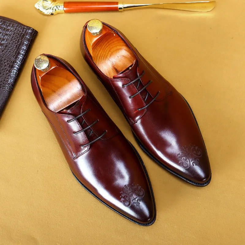 Top Layer Cowhide Men's Leather Shoes British Business Dress Leather Shoes Men's Breathable Genuine Cattlehide Leather Surface Pointed Carved Derby Shoes25829