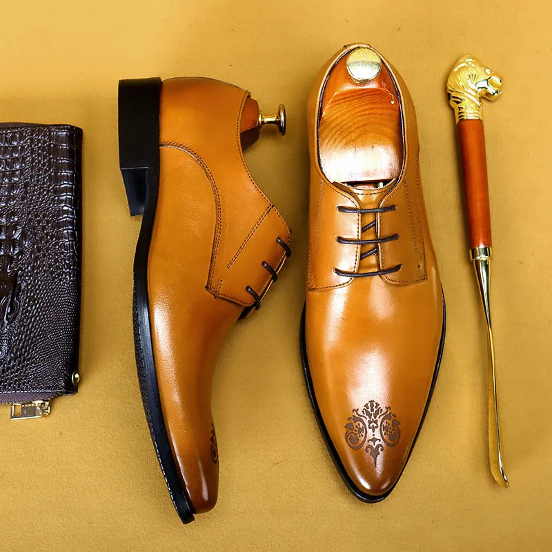 Top Layer Cowhide Men's Leather Shoes British Business Dress Leather Shoes Men's Breathable Genuine Cattlehide Leather Surface Pointed Carved Derby Shoes25829