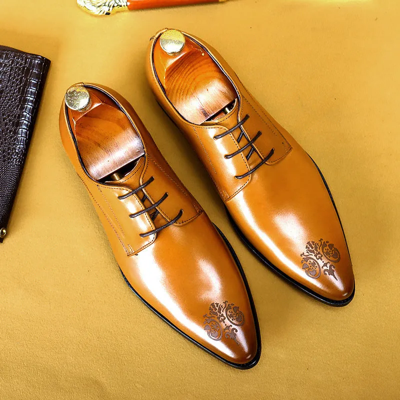 Top Layer Cowhide Men's Leather Shoes British Business Dress Leather Shoes Men's Breathable Genuine Cattlehide Leather Surface Pointed Carved Derby Shoes25829
