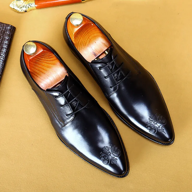 Top Layer Cowhide Men's Leather Shoes British Business Dress Leather Shoes Men's Breathable Genuine Cattlehide Leather Surface Pointed Carved Derby Shoes25829