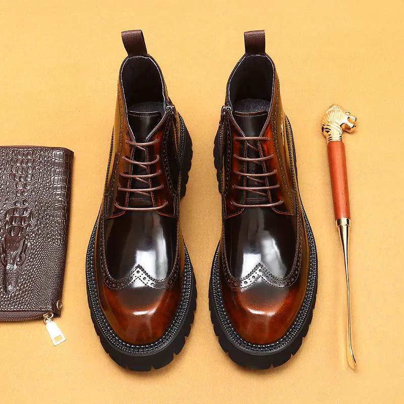 Top Layer Cowhide Men's Leather Shoes Martin Boots Men High Top British Style Carved Genuine Leather Brogue Boots Glossy Platform High-Top Shoes23683