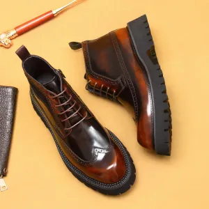 Top Layer Cowhide Men's Leather Shoes Martin Boots Men High Top British Style Carved Genuine Leather Brogue Boots Glossy Platform High-Top Shoes23683