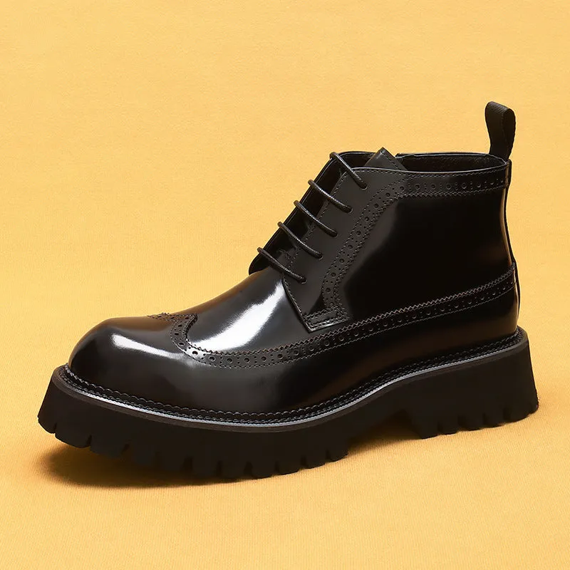 Top Layer Cowhide Men's Leather Shoes Martin Boots Men High Top British Style Carved Genuine Leather Brogue Boots Glossy Platform High-Top Shoes23683