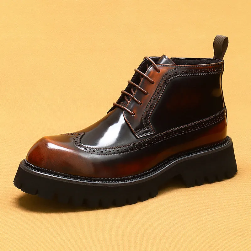 Top Layer Cowhide Men's Leather Shoes Martin Boots Men High Top British Style Carved Genuine Leather Brogue Boots Glossy Platform High-Top Shoes23683