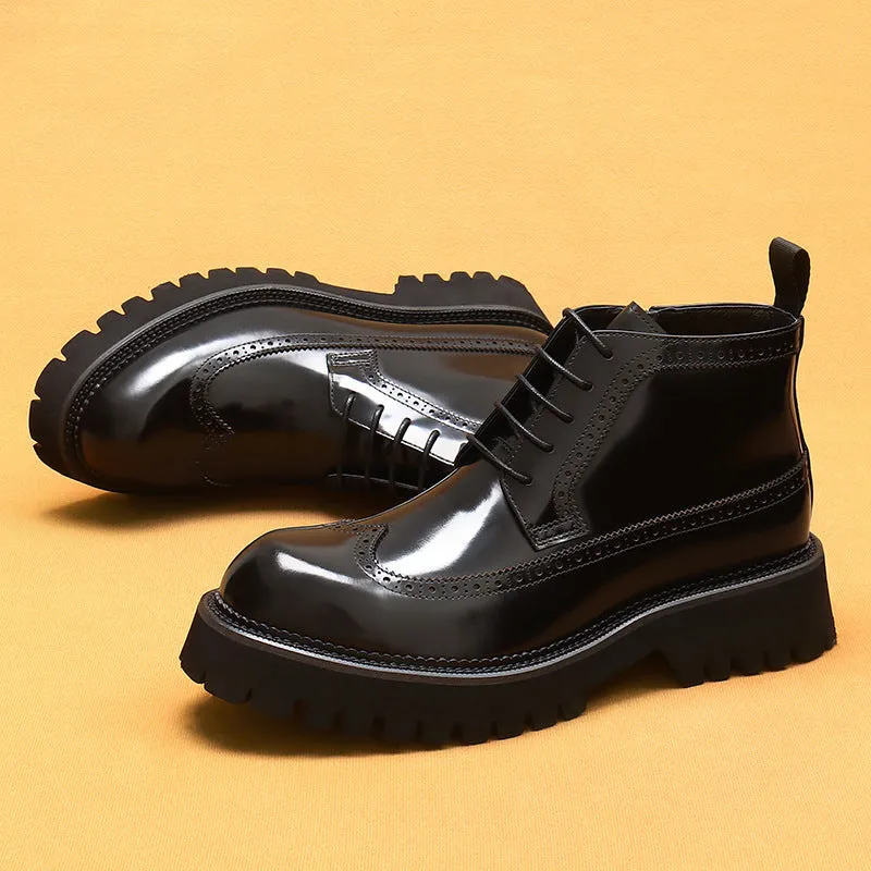 Top Layer Cowhide Men's Leather Shoes Martin Boots Men High Top British Style Carved Genuine Leather Brogue Boots Glossy Platform High-Top Shoes23683