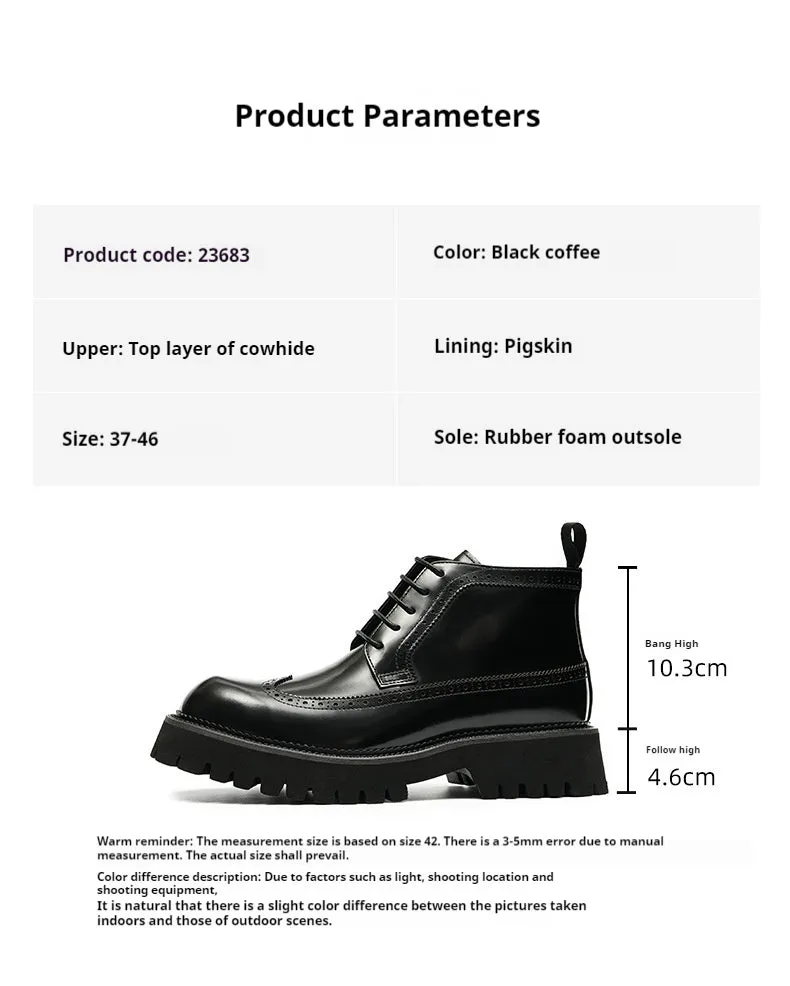 Top Layer Cowhide Men's Leather Shoes Martin Boots Men High Top British Style Carved Genuine Leather Brogue Boots Glossy Platform High-Top Shoes23683