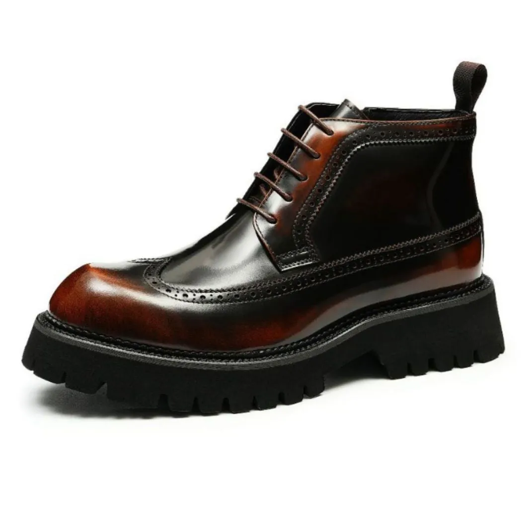 Top Layer Cowhide Men's Leather Shoes Martin Boots Men High Top British Style Carved Genuine Leather Brogue Boots Glossy Platform High-Top Shoes23683